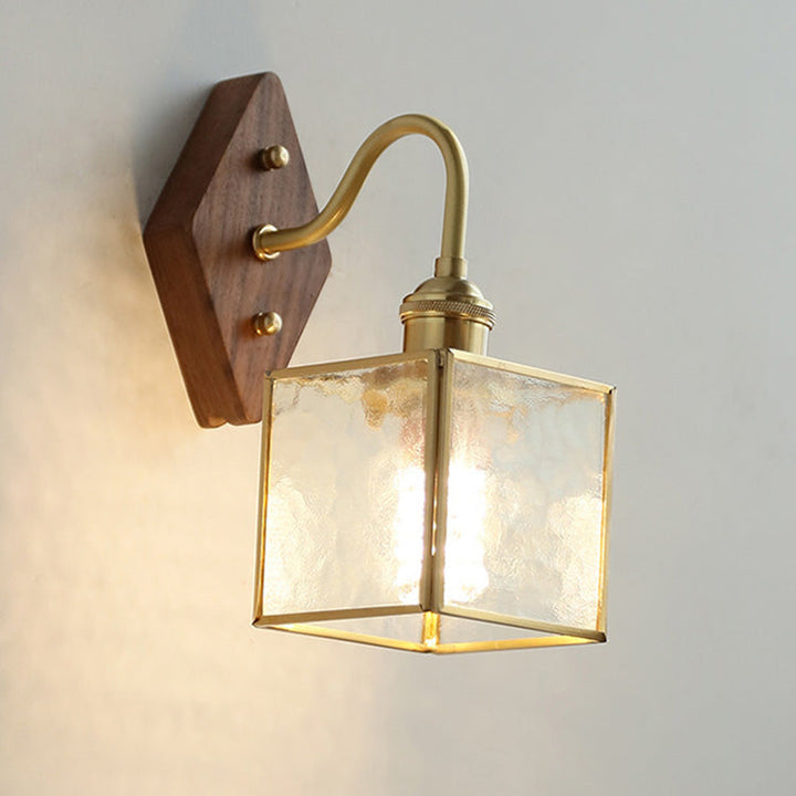 Applique Murale Traditionnelle Vintage Carrée en Verre de Cuivre et Bois à 1 Lumière pour Chambre 