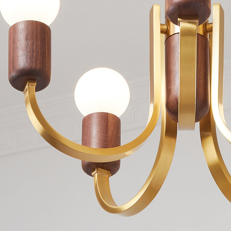 Zeitgenössischer Vintage-Kronleuchter mit gebogener Stange, Zylinder, Kerzenständer-Form, Kupfer, Holz, 3/4/5 Lichter, für Wohnzimmer 