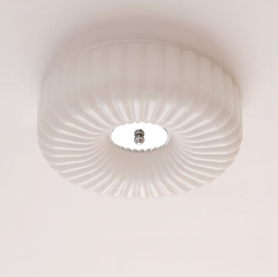 French Minimalist Cream Textured Glass Round LED Flush Mount Ceiling Light