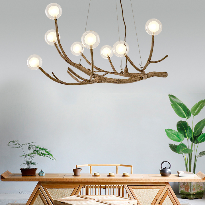 Araña de ramas de madera con globo de vidrio moderno de 8/12/16/20 luces para sala de estar 