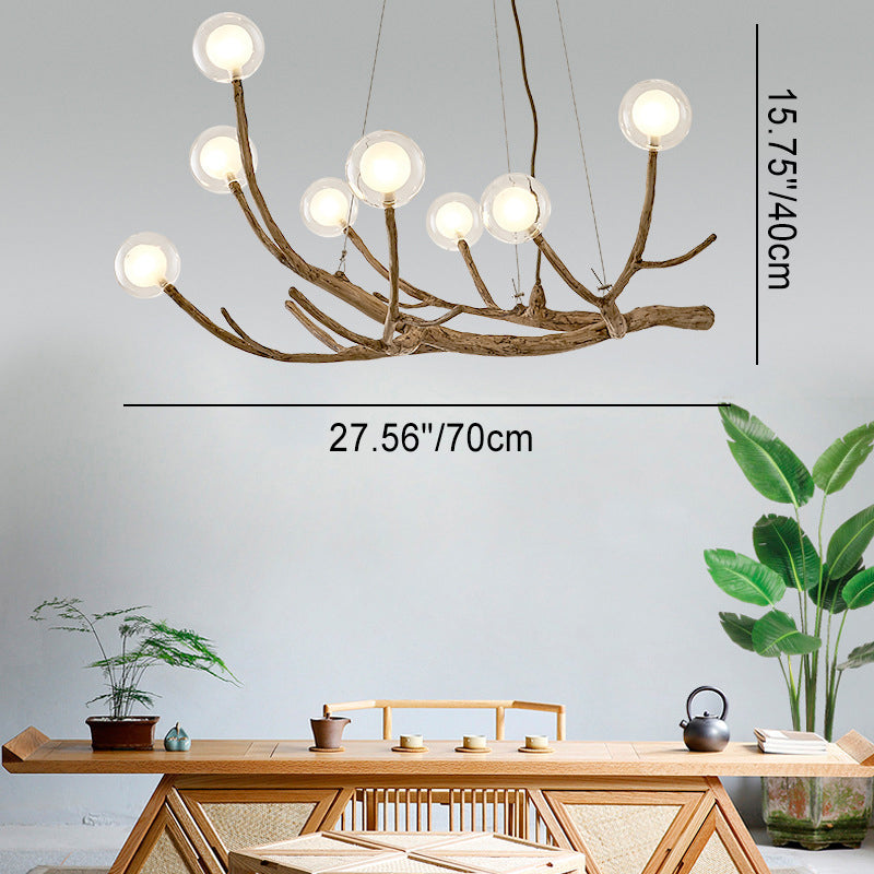 Araña de ramas de madera con globo de vidrio moderno de 8/12/16/20 luces para sala de estar 