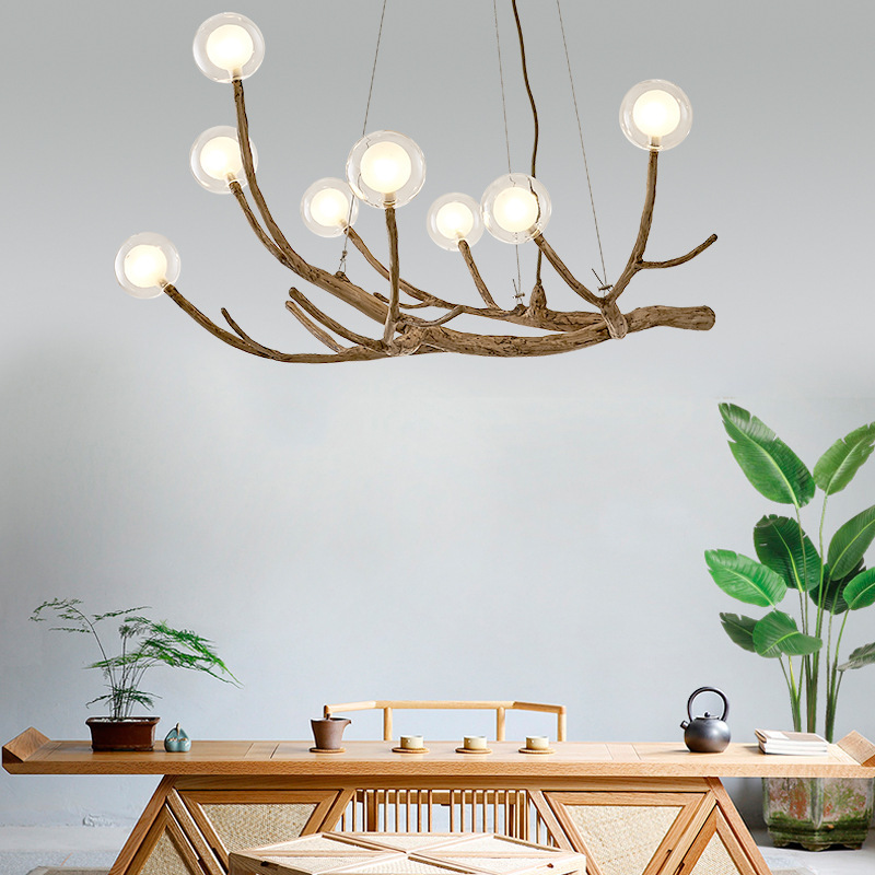 Modern Glass Globe 8/12/16/20-Light Wood Branching Chandeliers For Living Room