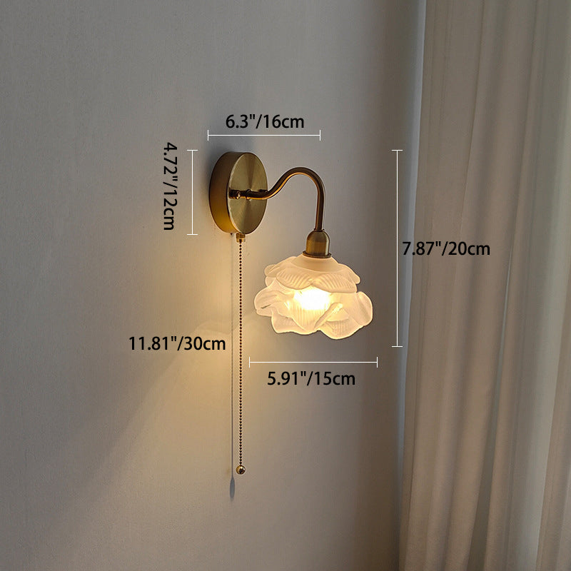Japanese Minimalist Floral Frosted Glass 1-Light Pull Cord Wall Sconce Lamp