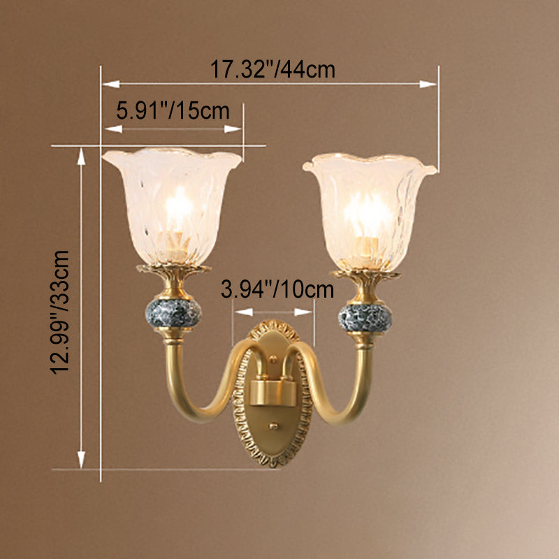 Lámpara Aplique de Pared de Lujo Europeo de Vidrio Floral de Latón con Brazo Curvado 1/2 Luz 