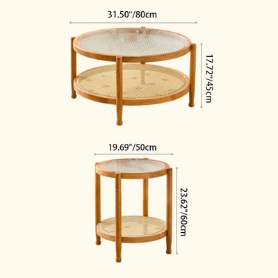 Mesa de café moderna minimalista redonda de tiras horizontales de vidrio ratán de madera de 2 niveles para sala de estar 