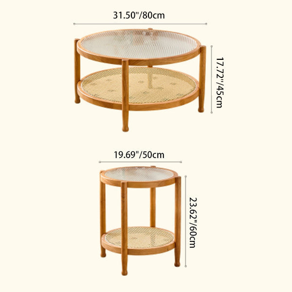 Mesa de café moderna minimalista redonda de tiras horizontales de vidrio ratán de madera de 2 niveles para sala de estar 