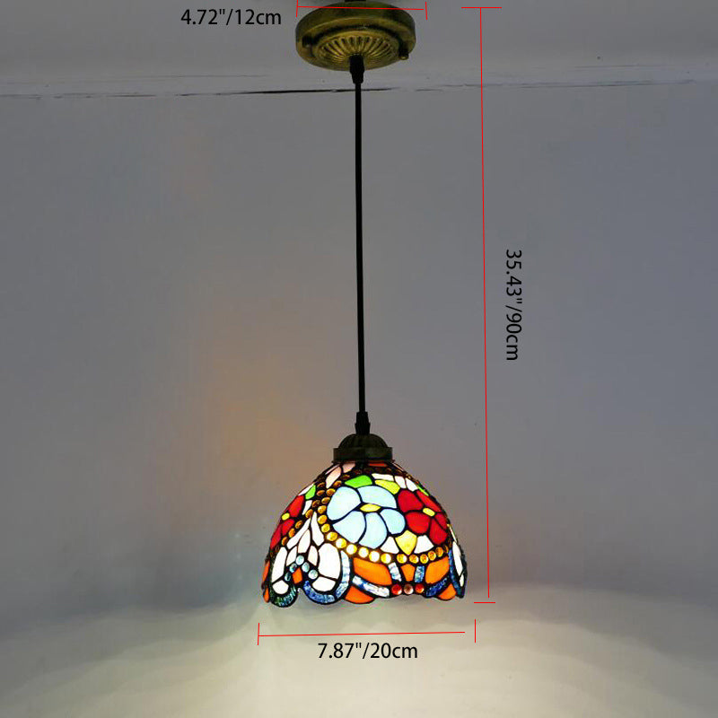 Suspension ronde à 1 lumière en verre teinté de fer traditionnel Tiffany pour salon 
