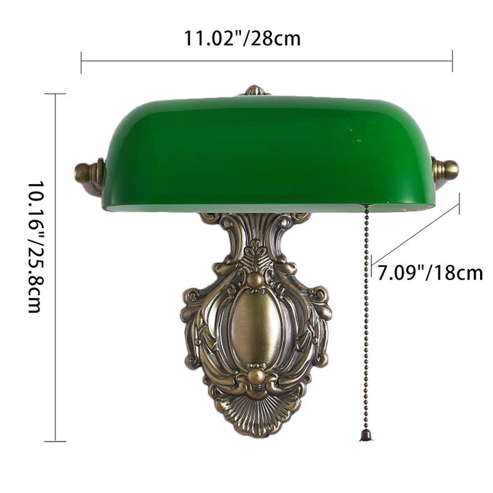 Zeitgenössische Retro-Wandleuchte mit 1 Leuchtquelle, kupferfarbenem Gestell und grünem Glasschirm, für das Schlafzimmer 
