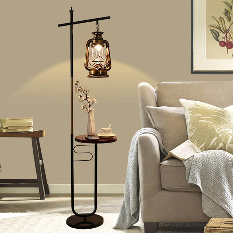 European Vintage Simple Lantern Table Iron Wood Marble 1-Light Standing Floor Lamp