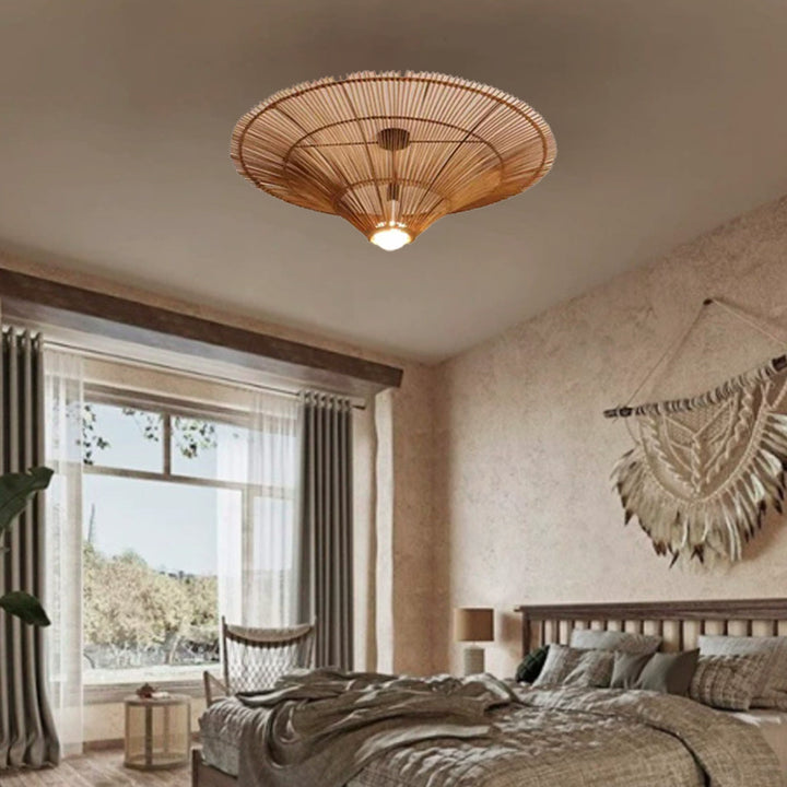 Traditional Japanese Rattan Weaving Hat 1-Light Semi-Flush Mount Ceiling Light For Living Room