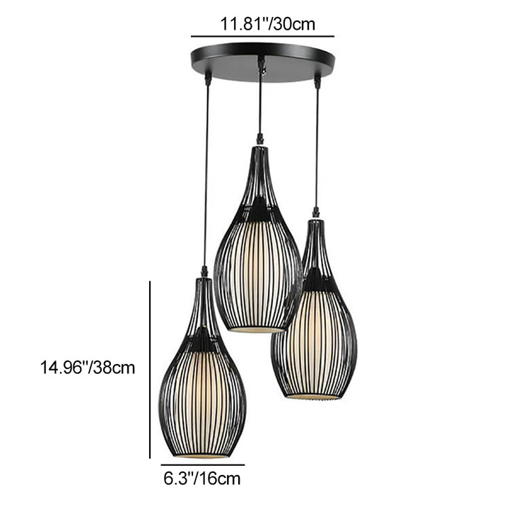 Vintage Eisen Schwarz Tränenförmige Hängende 3-Licht Kronleuchter 