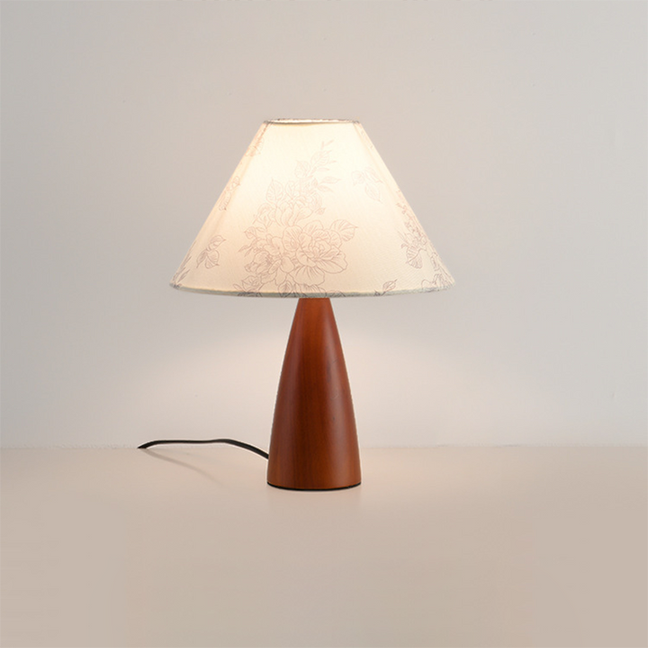 Traditionelle japanische bedruckte Stoffkegelschirm Tischlampe aus Massivholz mit 1 Licht für das Schlafzimmer 