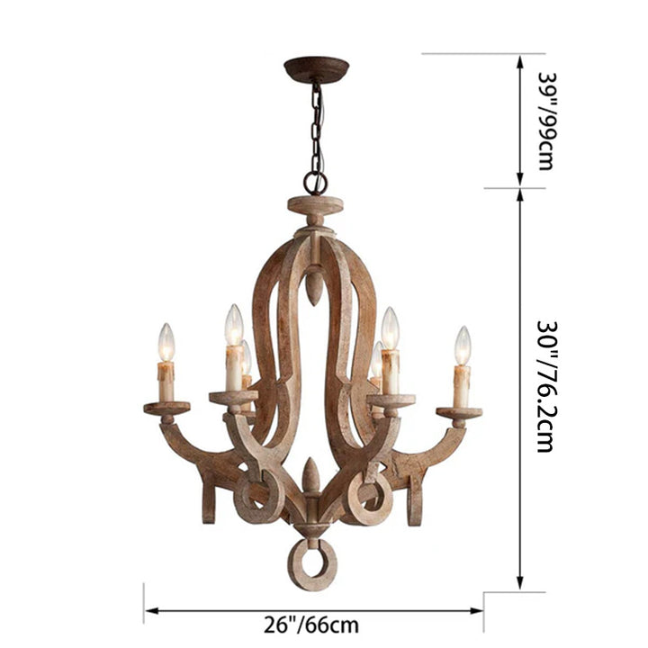 Traditional Rustic Candlestick Wood Glass 6-Light Chandeliers For Living Room