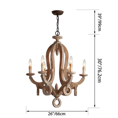 Traditional Rustic Candlestick Wood Glass 6-Light Chandeliers For Living Room