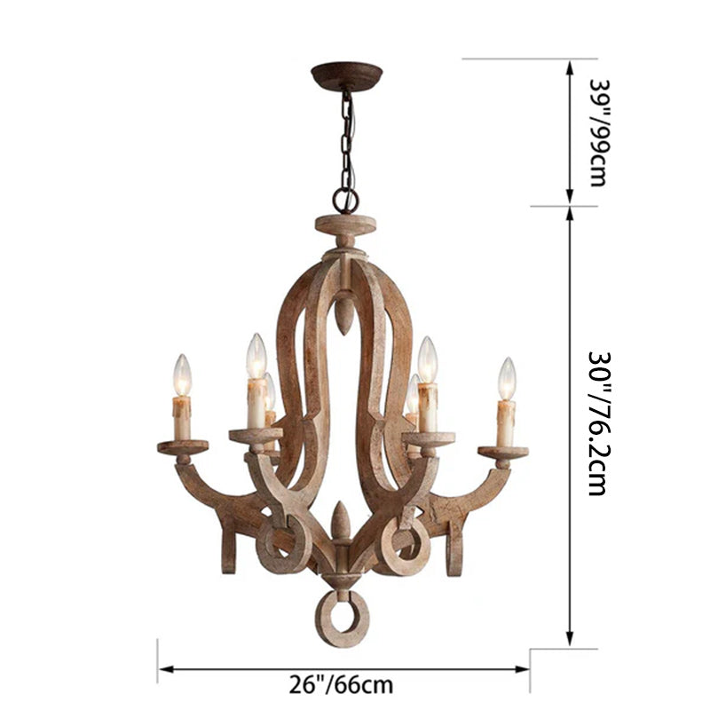 Traditional Rustic Candlestick Wood Glass 6-Light Chandeliers For Living Room