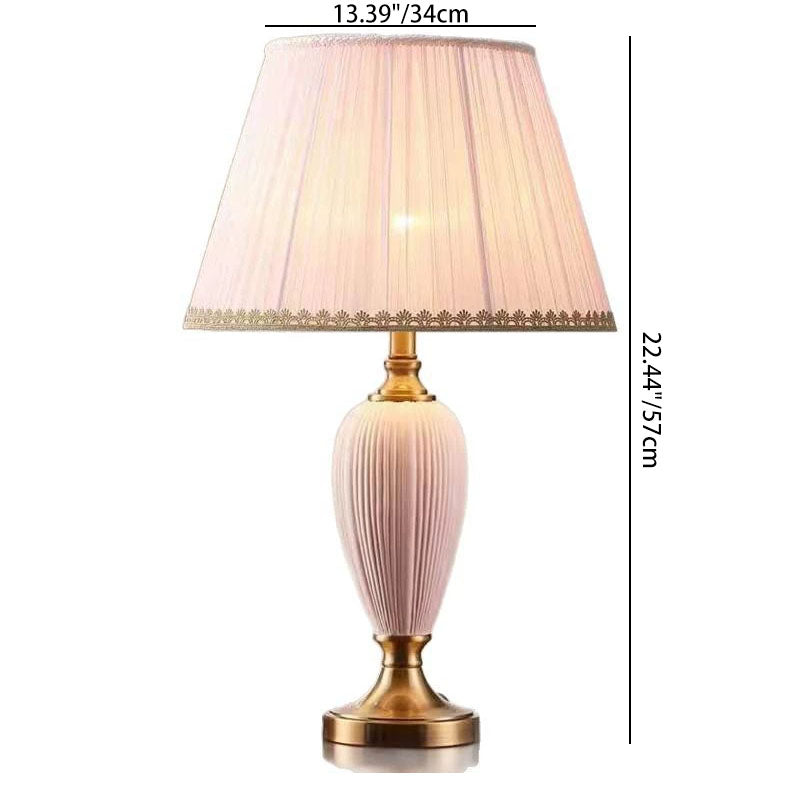 Lámpara de mesa de 1 luz con base de columna de cerámica y pantalla de tela plisada europea tradicional para estudio 