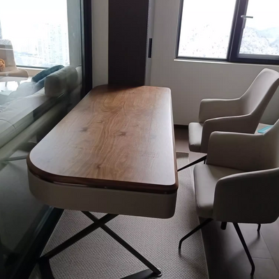 Bureaux ovales à deux tiroirs en cuir de selle minimaliste moderne en bois et acier inoxydable avec pieds en X pour bureau à domicile 