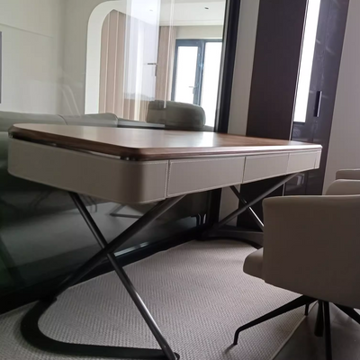 Bureaux ovales à deux tiroirs en cuir de selle minimaliste moderne en bois et acier inoxydable avec pieds en X pour bureau à domicile 