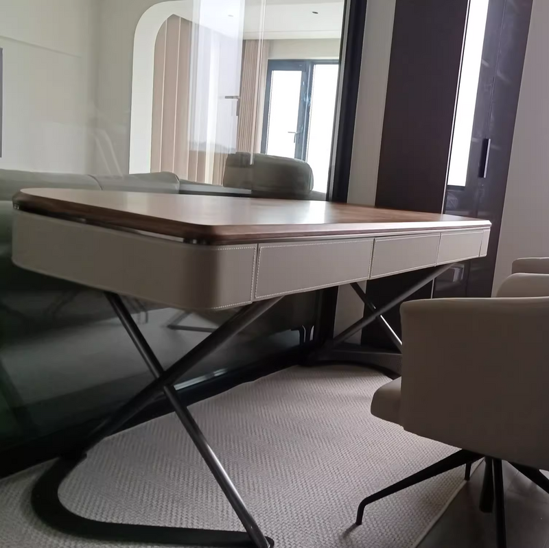 Bureaux ovales à deux tiroirs en cuir de selle minimaliste moderne en bois et acier inoxydable avec pieds en X pour bureau à domicile 