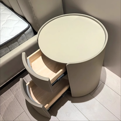 Modern Luxury Round Faux Saddle Leather Nightstand 2-Drawer For Bedroom