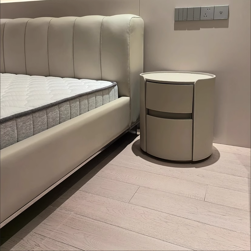 Modern Luxury Round Faux Saddle Leather Nightstand 2-Drawer For Bedroom