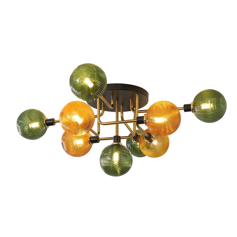 Contemporary Scandinavian Iron Glass Spherical 5/9-Light Semi-Flush Mount Ceiling Light For Living Room, Bedroom Or Entrance Hallway