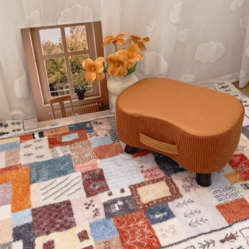 Tabouret portable cuboïde nordique contemporain en flanelle et tissu technique, bois massif, sans dossier ni accoudoirs, pour salon 
