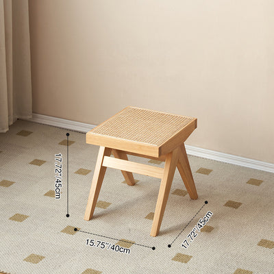 Banc rectangulaire en bois de caoutchouc japonais traditionnel et rotin avec pieds en V et siège tissé à la main pour entrée et salon 