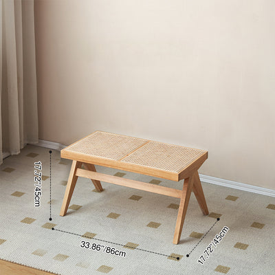 Banc rectangulaire en bois de caoutchouc japonais traditionnel et rotin avec pieds en V et siège tissé à la main pour entrée et salon 