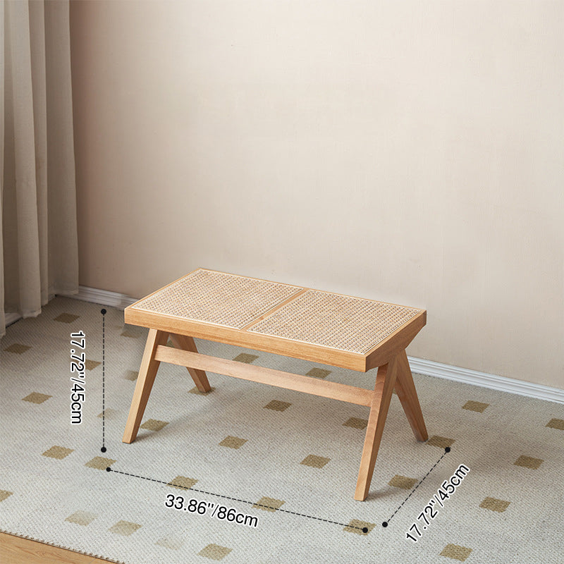 Banc rectangulaire en bois de caoutchouc japonais traditionnel et rotin avec pieds en V et siège tissé à la main pour entrée et salon 