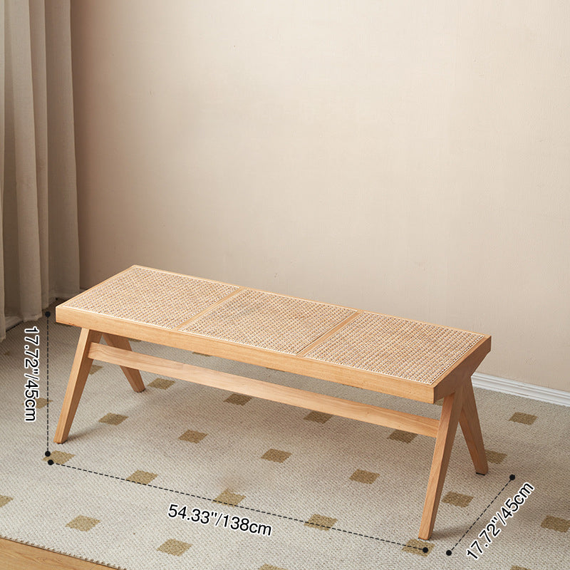 Banc rectangulaire en bois de caoutchouc japonais traditionnel et rotin avec pieds en V et siège tissé à la main pour entrée et salon 