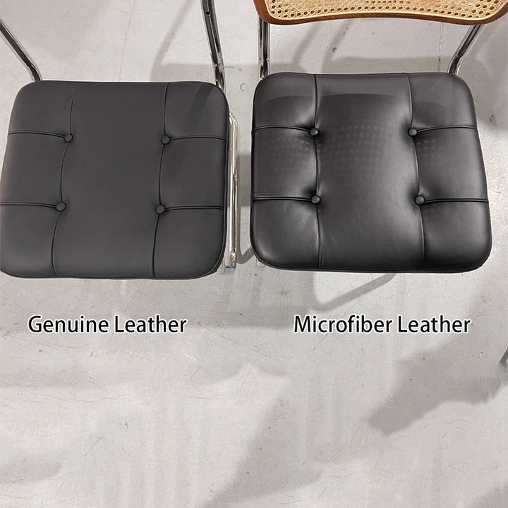 Contemporary Boho Square Synthetic Rattan Faux Oil-wax Leather PU Leather Top Grain Leather Contact Surface Pine Carbon Steel Dining Chair Backrest Armless For Dining Room