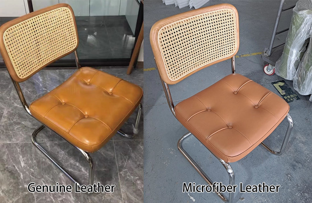 Chaise de salle à manger traditionnelle vintage en arc en acier inoxydable avec dosseret en cuir, éponge, plastique et rotin tissé sans accoudoirs 