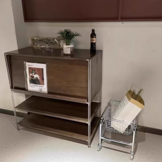 Mesa auxiliar rectangular de madera y acero inoxidable de estilo moderno de mediados de siglo con 1 gabinete para sala de estar 