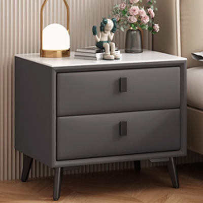 Modern Minimalist Rectangular Stone Slab Cat's Paw Leather Solid Wood Carbon Steel Nightstand 2 -Drawer For Bedroom