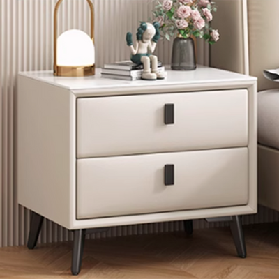 Modern Minimalist Rectangular Stone Slab Cat's Paw Leather Solid Wood Carbon Steel Nightstand 2 -Drawer For Bedroom