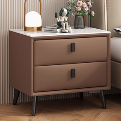 Modern Minimalist Rectangular Stone Slab Cat's Paw Leather Solid Wood Carbon Steel Nightstand 2 -Drawer For Bedroom