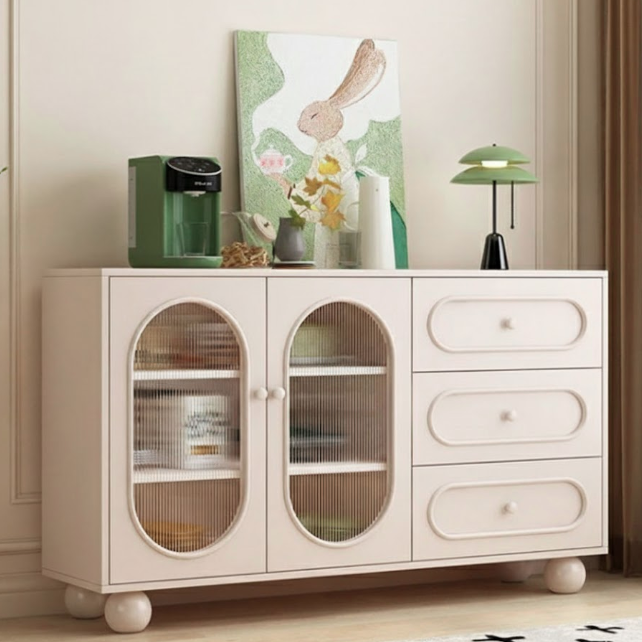 Contemporary Scandinavian Rectangular Medium Density Fiberboard Particle Board Sintered Stone Fluted Glass Sideboard 1-Cabinet 3-Drawer For Living Room