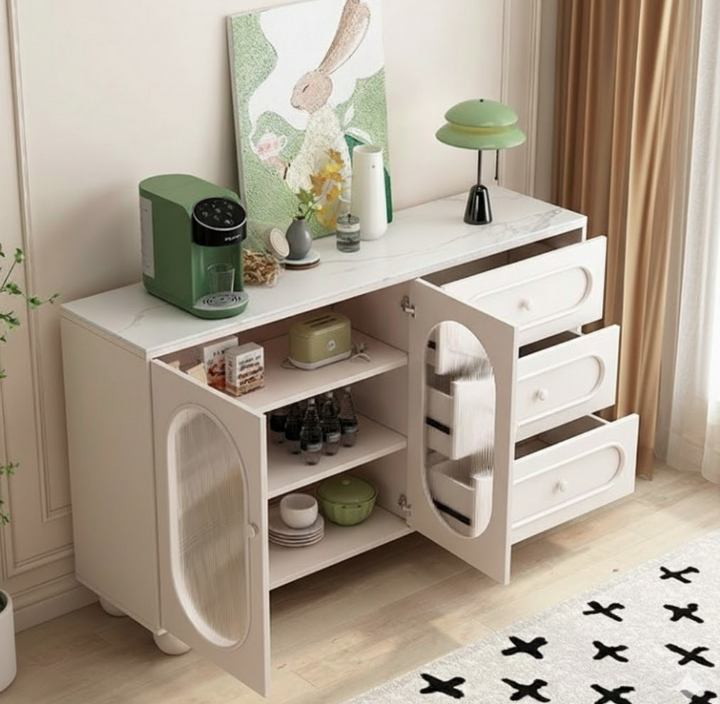 Contemporary Scandinavian Rectangular Medium-Density Fiberboard Particleboard Sintered Stone Fluted Glass Sideboard 1-Cabinet 3-Drawer For Living Room