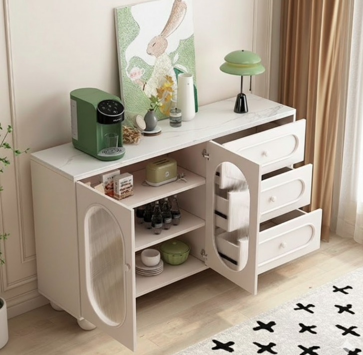 Contemporary Scandinavian Rectangular Medium Density Fiberboard Particle Board Sintered Stone Fluted Glass Sideboard 1-Cabinet 3-Drawer For Living Room