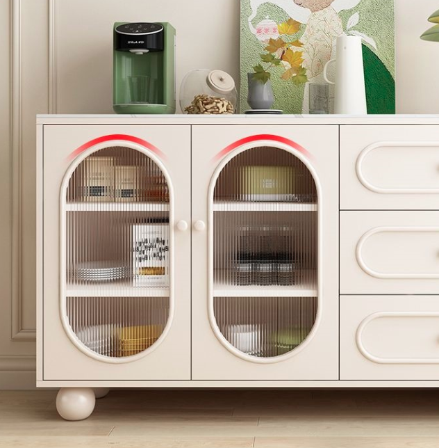 Contemporary Scandinavian Rectangular Medium-Density Fiberboard Particleboard Sintered Stone Fluted Glass Sideboard 1-Cabinet 3-Drawer For Living Room