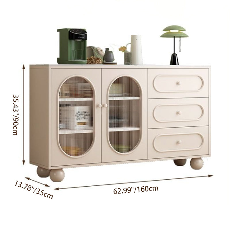 Contemporary Scandinavian Rectangular Medium-Density Fiberboard Particleboard Sintered Stone Fluted Glass Sideboard 1-Cabinet 3-Drawer For Living Room