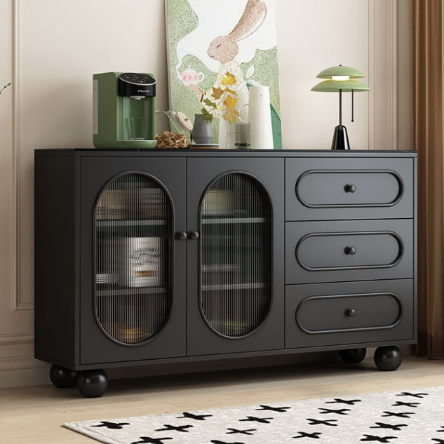 Contemporary Scandinavian Rectangular Medium-Density Fiberboard Particleboard Sintered Stone Fluted Glass Sideboard 1-Cabinet 3-Drawer For Living Room