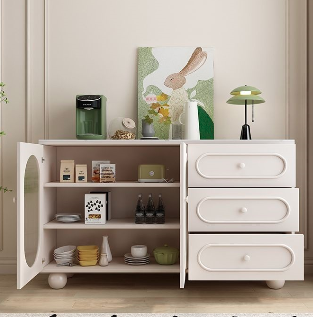 Contemporary Scandinavian Rectangular Medium Density Fiberboard Particle Board Sintered Stone Fluted Glass Sideboard 1-Cabinet 3-Drawer For Living Room