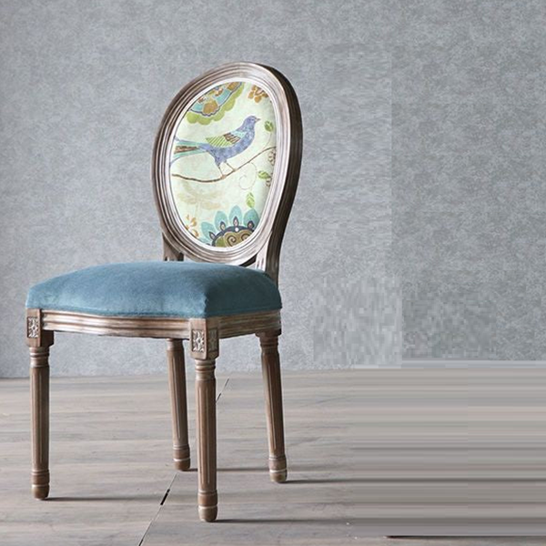 Chaise de salle à manger en tissu de velours avec cadre en bois incurvé européen traditionnel et vieilli, dossier rond pour salle à manger 