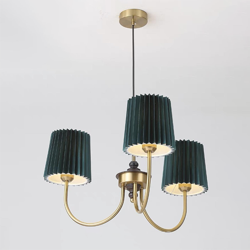 Contemporary Retro Cotton Linen Iron Wood Cylinder Pleated 3/5 Light Chandeliers For Living Room