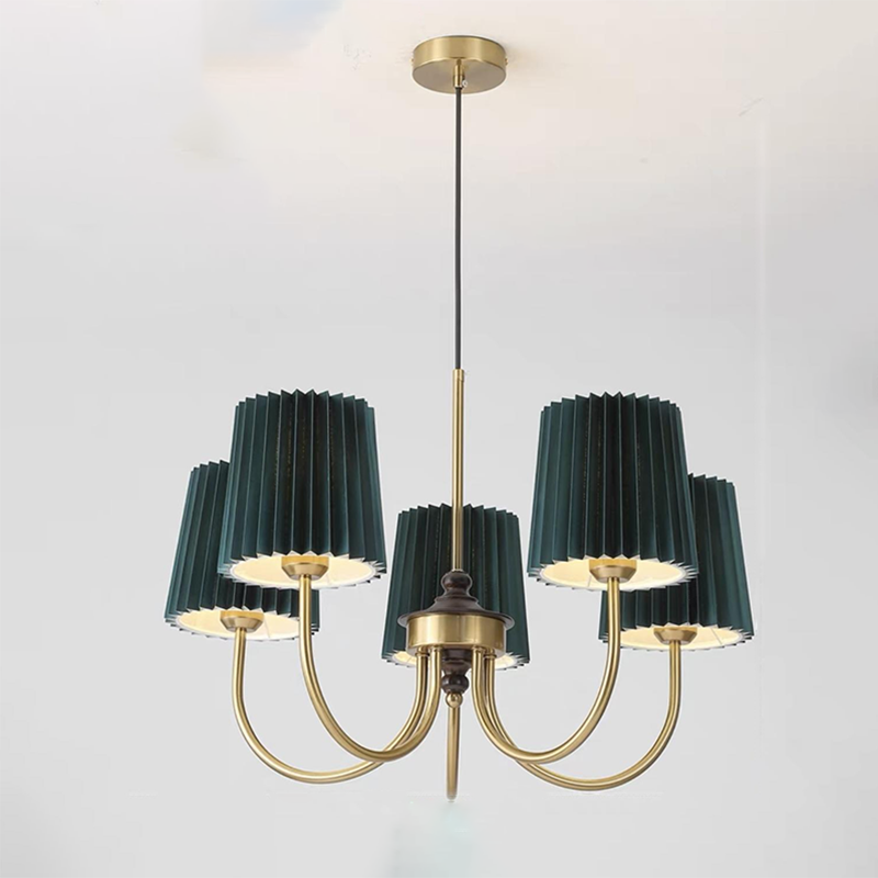 Contemporary Retro Cotton Linen Iron Wood Cylinder Pleated 3/5 Light Chandeliers For Living Room