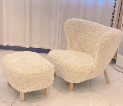 Contemporary Nordic Lambswool Corduroy Plush Wood Curved Accent Chair Backrest Footrest For Living Room