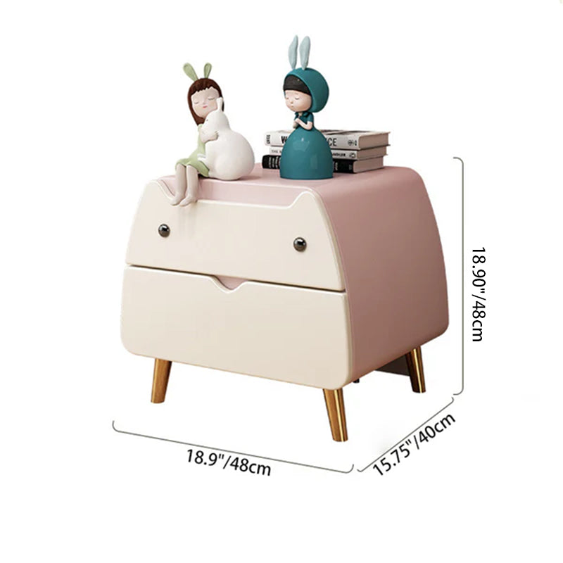 Zeitgenössischer kreativer Kinder-Cartoon-Katzen-Nachttisch aus Massivholz, Kohlenstoffstahl und Mikrofaserleder mit 2 Schubladen für das Schlafzimmer 