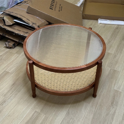 Modern Minimalist Round Solid Wood Tempered Glass PVC Rattan Weaving Coffee Table 2-Tier For Living Room